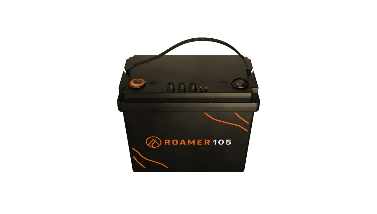 Roamer 105SMART5 MAX 12V 105Ah LiFePO4 battery, three-quarter view