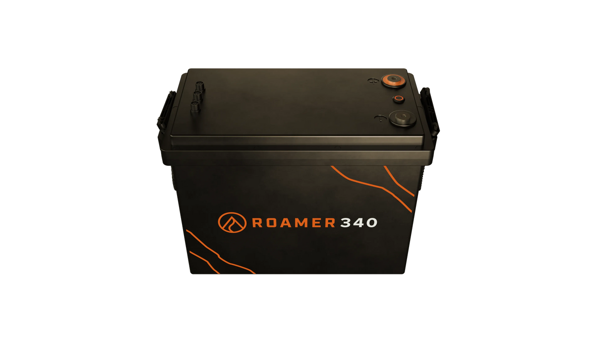 Roamer 340SMART5 12V 340Ah LiFePO4 battery, three-quarter view